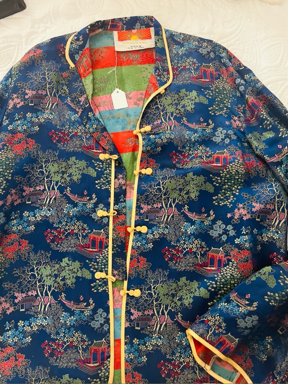 Blue Floral-Print Silk-Blend Vintage Mandarin Jacket with Yellow Trim. L